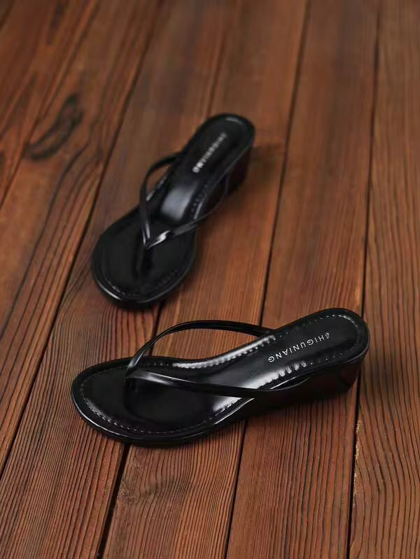 2026 Summer New Women's Thong Sandals, Fashion Office High Heel Mules, Casual Solid Color Wedge Thick Bottom Elegant Minimalist Slippers, Suitable For Dresses 971-1