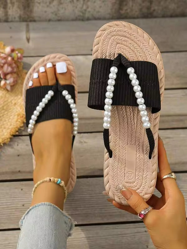 Women's Fashion Beach Flip Flops, Plus Size Toe Ring Sandals, Suitable For Outdoor Vacation, Open Toe Slippers, Women's Bow Decor Flat Sandals, Lightweight Summer Slippers, Non-Slip Women's Beach Shoes, Pearl Decor Flat Sandals